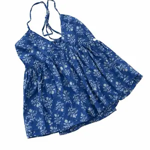 Boho Short Top in Blue Floral Print Perfect for Pairing with Jeans in Cotton Fabric
