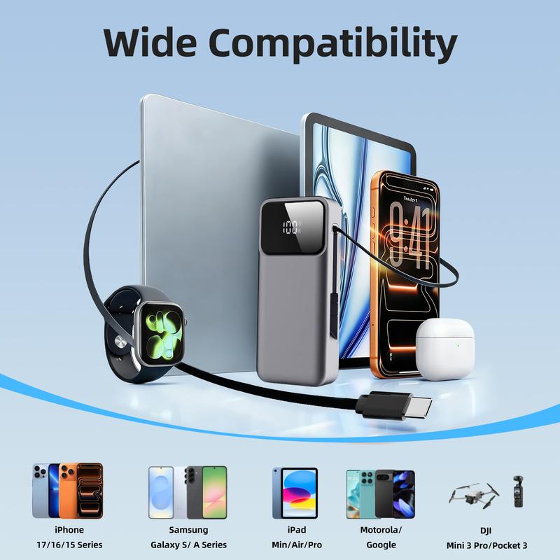 ONE LIFE Retractable-Cable Power Bank 10,000mAh 22.5W USB-C Fast Charging Dual Input/Output LED Display Compact Travel Charger for iPhone 16/15 & Samsung Galaxy Space Gray Digital