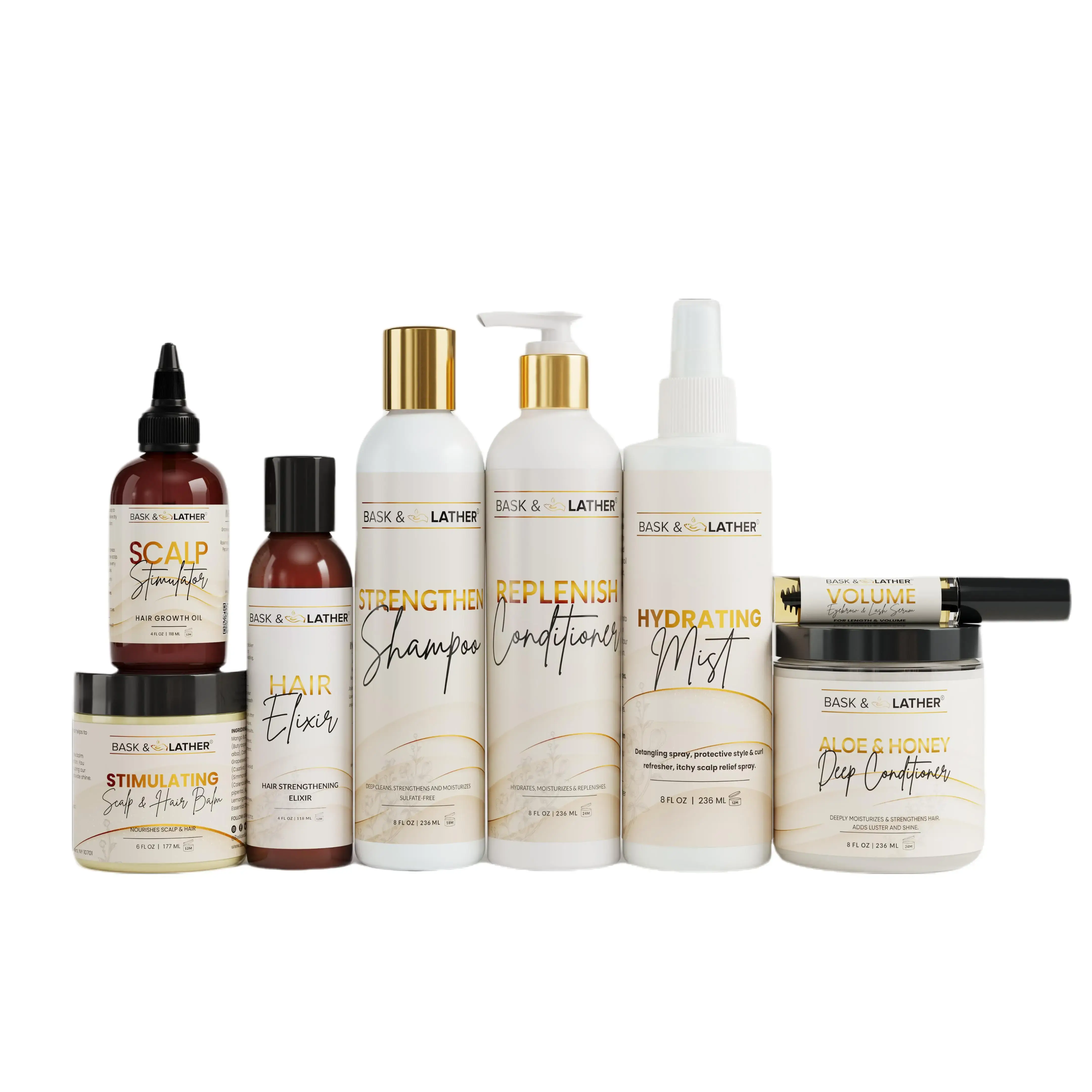 Bask & Lather Ultimate Healthy Hair Care Bundle - Limited Edition with JUMBO Scalp Stimulator, Hair Elixir, Hydrating Mist, Stimulating Balm, Strengthen Shampoo, Replenish Conditioner, Aloe & Honey Deep Conditioner, Volume Serum