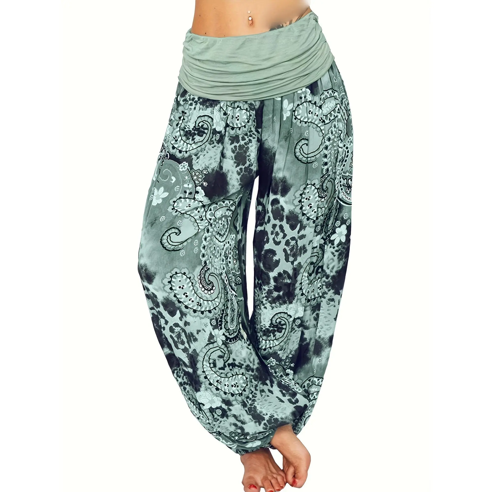 Boho-Chic Plus Size Floral Harem Pants - Vintage Hippie Style, High Waist, Baggy Fit, Machine Washable - Perfect for All Seasons