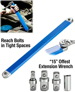 Impact Ready Offset Extension Wrench Set, 15" Tight Reach Ratchet Extension Tool with 1/4" 3/8" 1/2" Adapters, Universal Wrench for Tight Spaces Automotive Repair