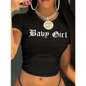 Women'S Baby Girl Letter Print Baby Tee, Casual Crew Neck, Polyester Knit Fabric with Elastane, Short Length, for All Seasons