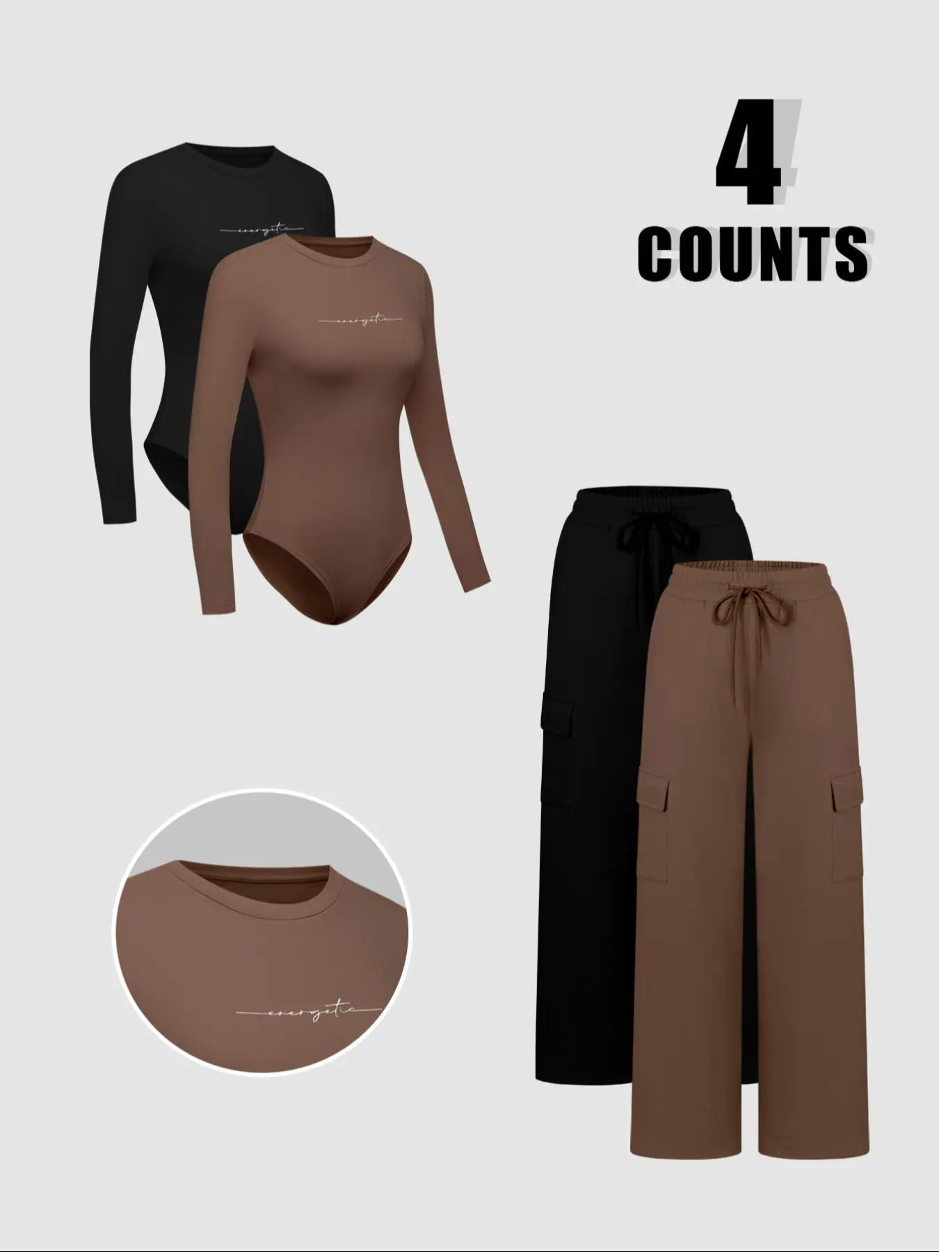 Women's Solid Jersey Soft Long Sleeve Fit Bodysuit & Adjustable Drawstring Waist Pants Set, Casual Round Neck Bodysuit & Trousers, Women's Clothing for Daily Wear, Everyday, Womenswear, Casual Knit Set, Co Ord Sets