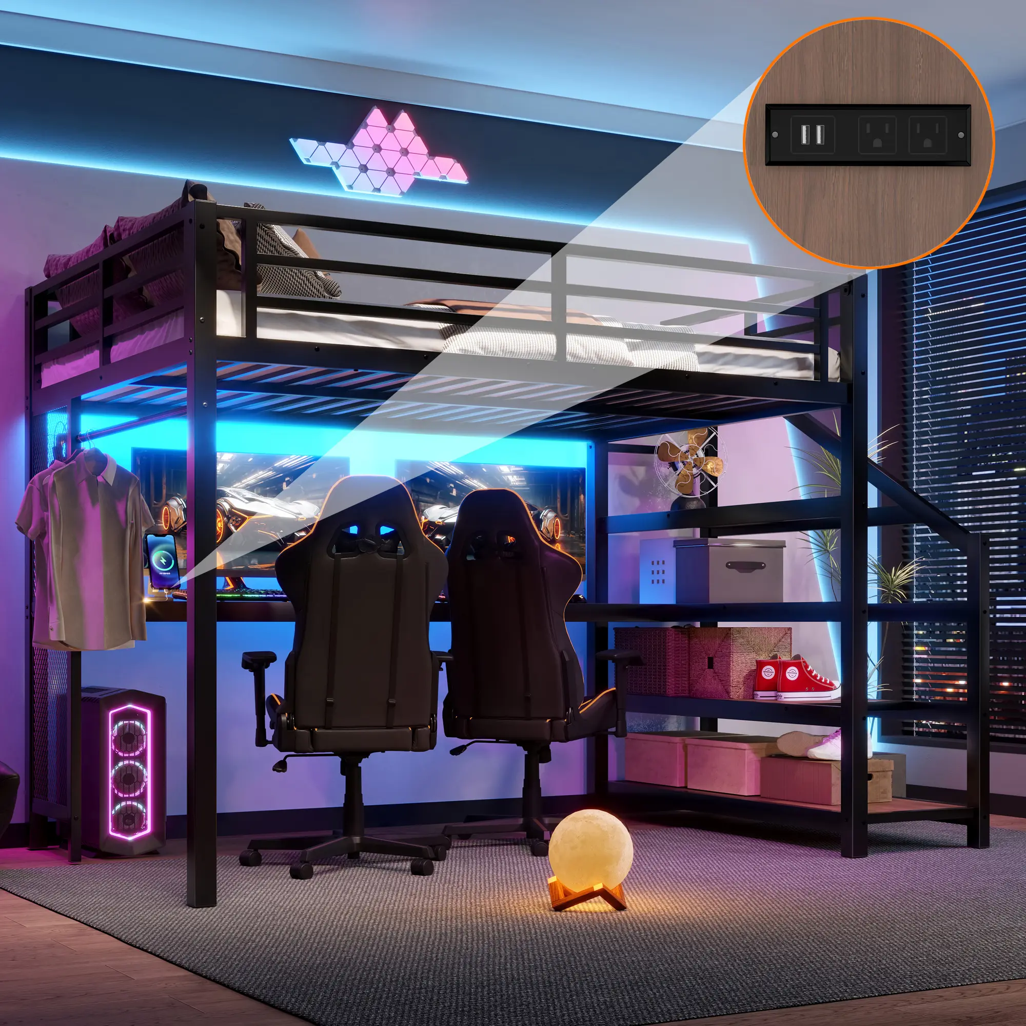 Bellemave Black Full Loft Bed with Desk, Storage Stairs, LED Lights, USB Ports, Multifunctional Iron Nets - Noise-Free, No Spring Box Needed, 93.50x56.50x65.00 in, 135.58 lbs, Dorm-Friendly, Assembly Required (Shipped in 2 Separate Parcels)