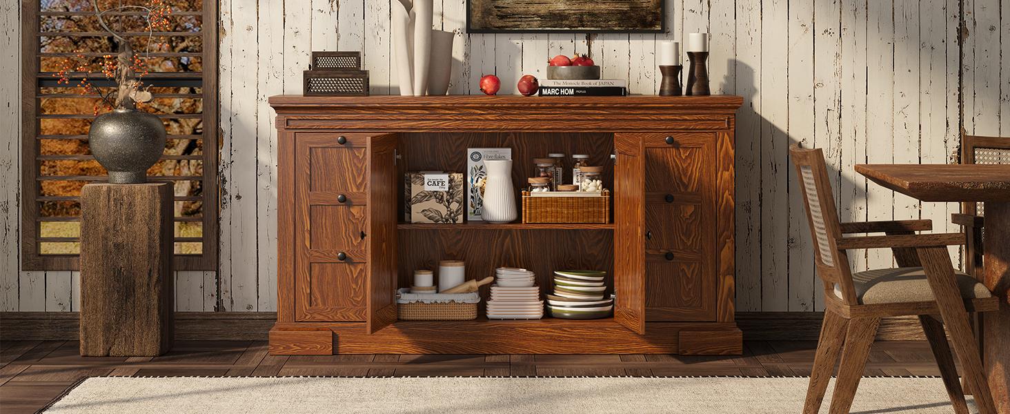 【SPRING GLOW UP】ONBRILL Sideboard Buffet Cabinet with Storage, 63" Large Credenza Kitchen Storage Cabinets with Drawer and Door, Wood Coffee Bar Table with Adjustable Shelf for Living Room, Kitchen, American Retro