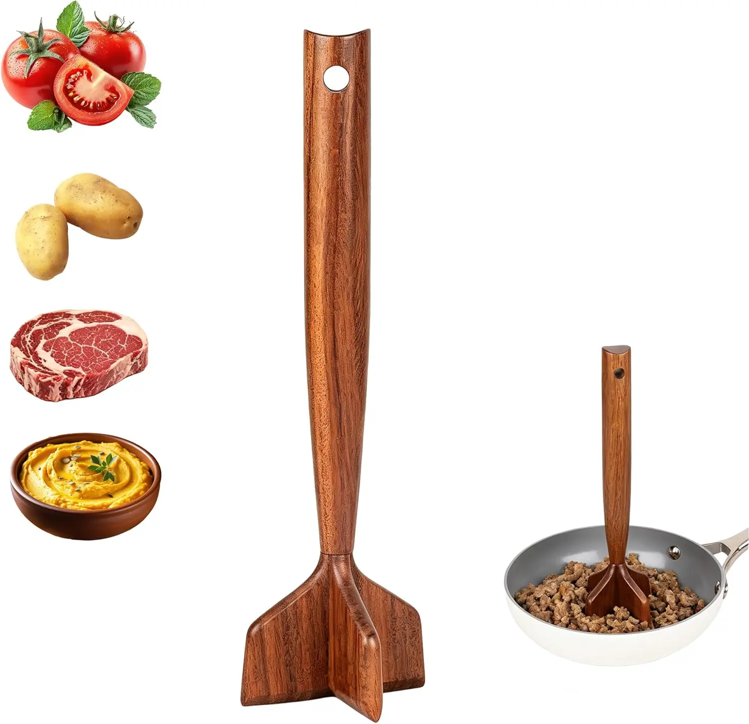 Ecoteak 4-Blade Teak Wood Meat Chopper & Chicken Shredder - 10.5 in Smooth Sturdy Stylish Multi-Use Kitchen Utensil for Everyday Chopping, Potato Smasher, Hamburger Smasher, Kitchen Cooking Accessories, Ergonomic Handle Feels Secure