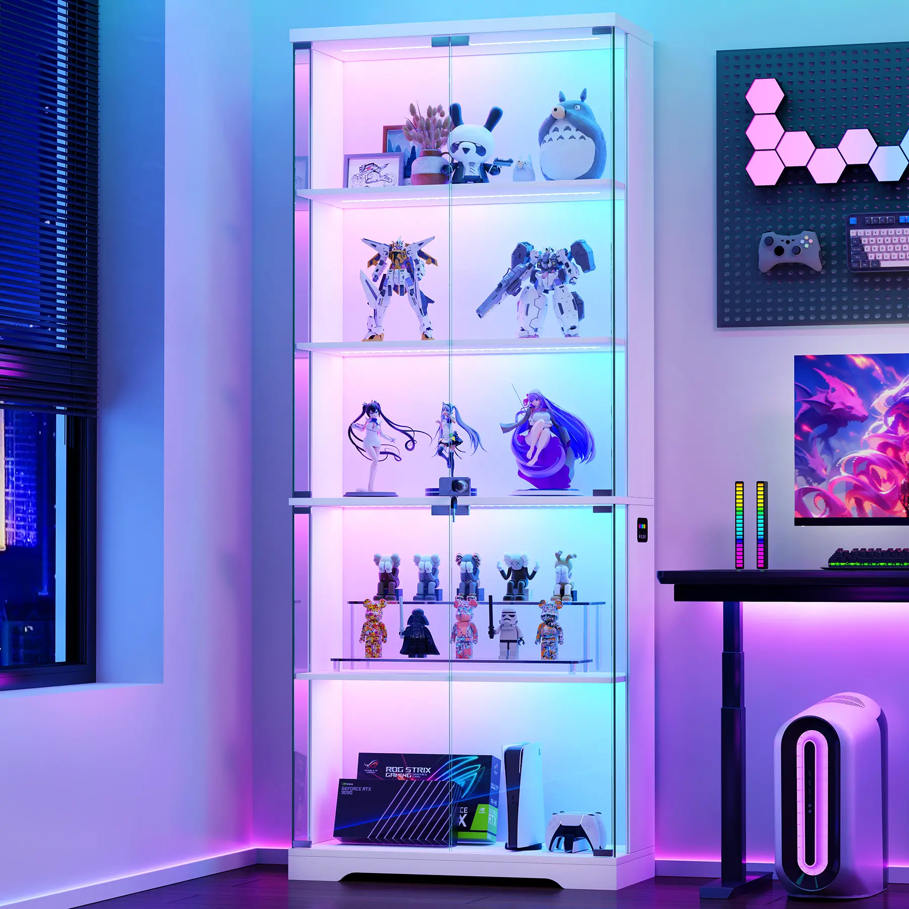FREDEES Lighted Curio Cabinet - 69" Tall RGB LED High-Capacity Hinged Large 5-Compartment Glass Cabinet with 5-Tier Wooden Shelves, Lockable Collectibles Display Case for Living Room, High-Capacity Glass Cabinets
