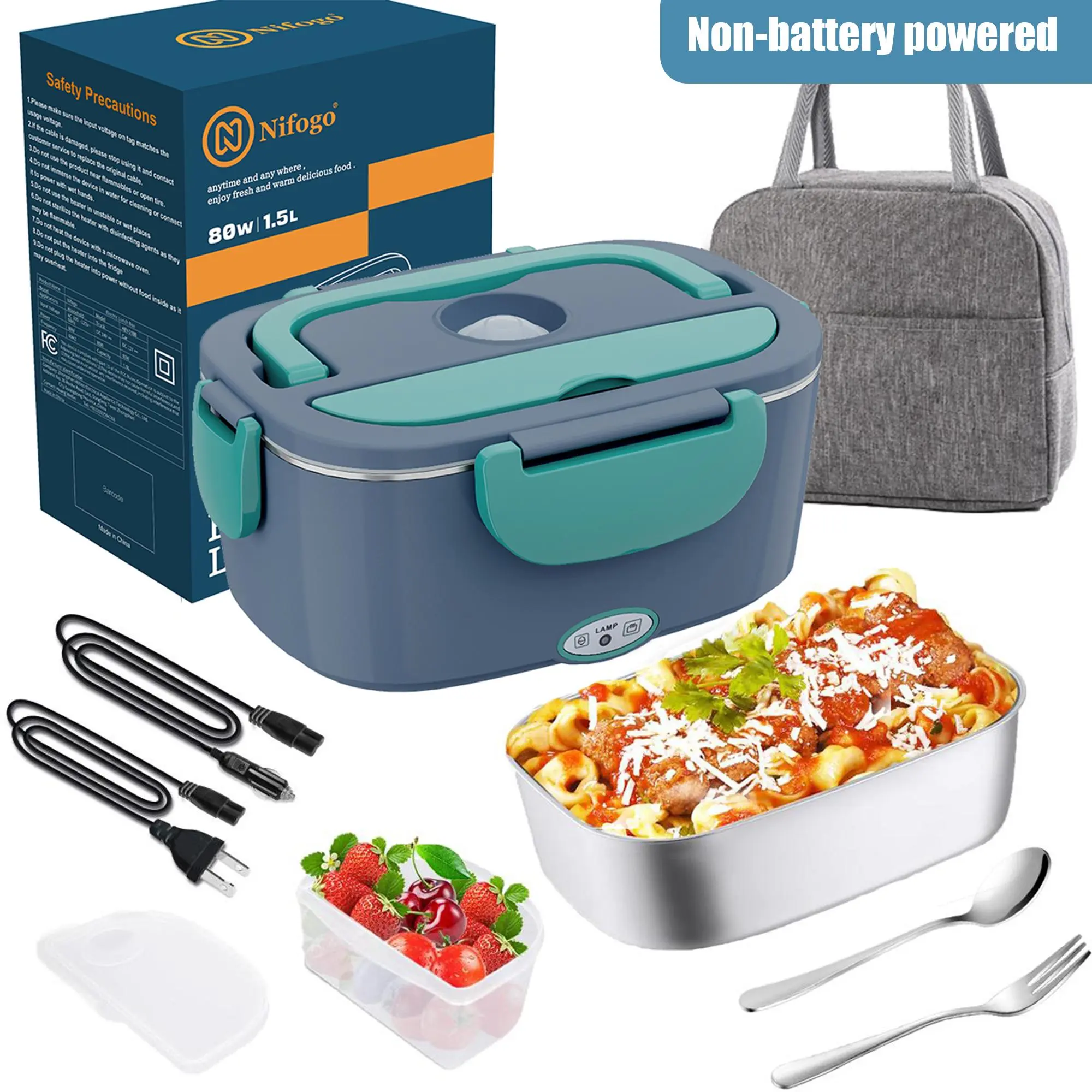 Electric Lunch Box Portable Food Warmer for Adults, 100W Stainless Steel Containers (1.5L & 1.8L), Fork, Spoon & Bag, 12V/24V/110V for Car/Truck/Work Use