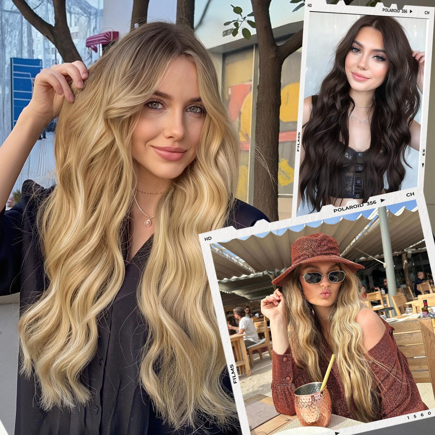 [AISI HAIR] Rich Dark Brown Silky Shine Wig for Women Long Wavy Lace Synthetic Scalp Natural Hairline Glueless Middle Part 26Inch Daily Party Use
