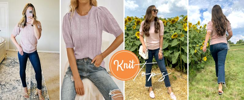 ZEAGOO Women's 2025 Spring Puff Short Sleeve Sweater Tops Crew Neck Crochet Knit Soft Pullover Shirt