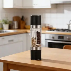 2-in-1 Dual Head Salt & Pepper Grinder, Double-Sided Manual Spice Mill with Adjustable Coarseness, Refillable Transparent Body, Smooth Hand Grinding for Black Pepper, Sea Salt & Mixed Spices, Home Kitchen Cooking Tool