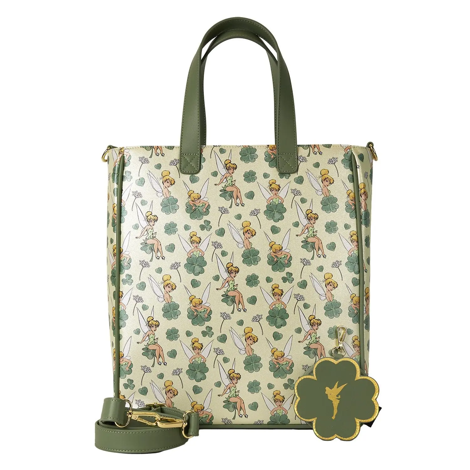 Loungefly Disney Tinker Bell Clover Print Faux Leather Tote Bag with Glitter Details and Coin Purse - Fashionable Unique Bags for Women
