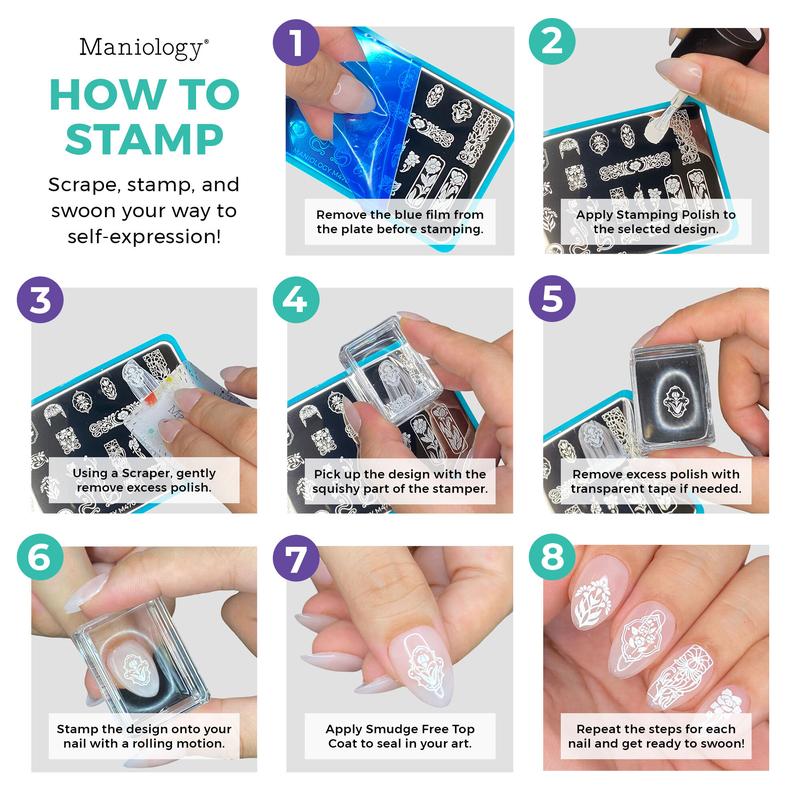 Maniology Nail Stamping Starter Kits – All Time Favorites - Includes Everything - Stamping Plate, Polish, No Smudge Top Coat, Stamper & Scraper