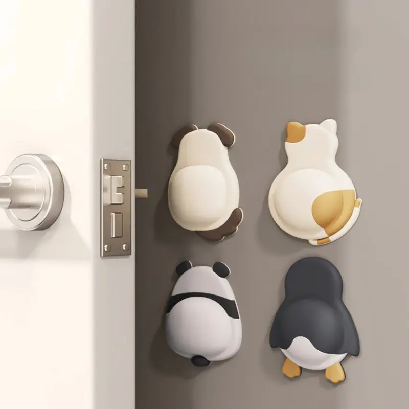 Cute 3-in Animal Self-Adhesive Door Knob Wall Protector Set (4-Piece) - Silent Rubber Cushion Pads for Wall Protection, Assorted Designs: Panda, Cat, Dog, Penguin