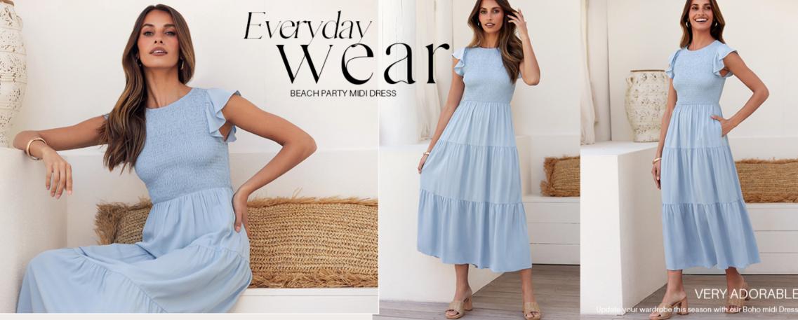 ZESICA Women's 2026 Summer Casual Flutter Short Sleeve Crew Neck Smocked Elastic Waist Tiered Midi Dress ZESICA Women's 2026 Summer Casual Flutter Short Sleeve Crew Neck Smocked Elastic Waist Tiered Midi Dress