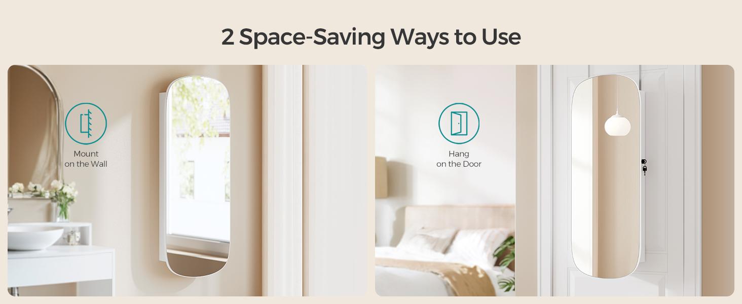 SONGMICS LED Jewelry Organizer Wall or Door Mounted Lockable Rounded Wide Mirror with Storage Interior Mirror MDF Material White Surface Greige Lining