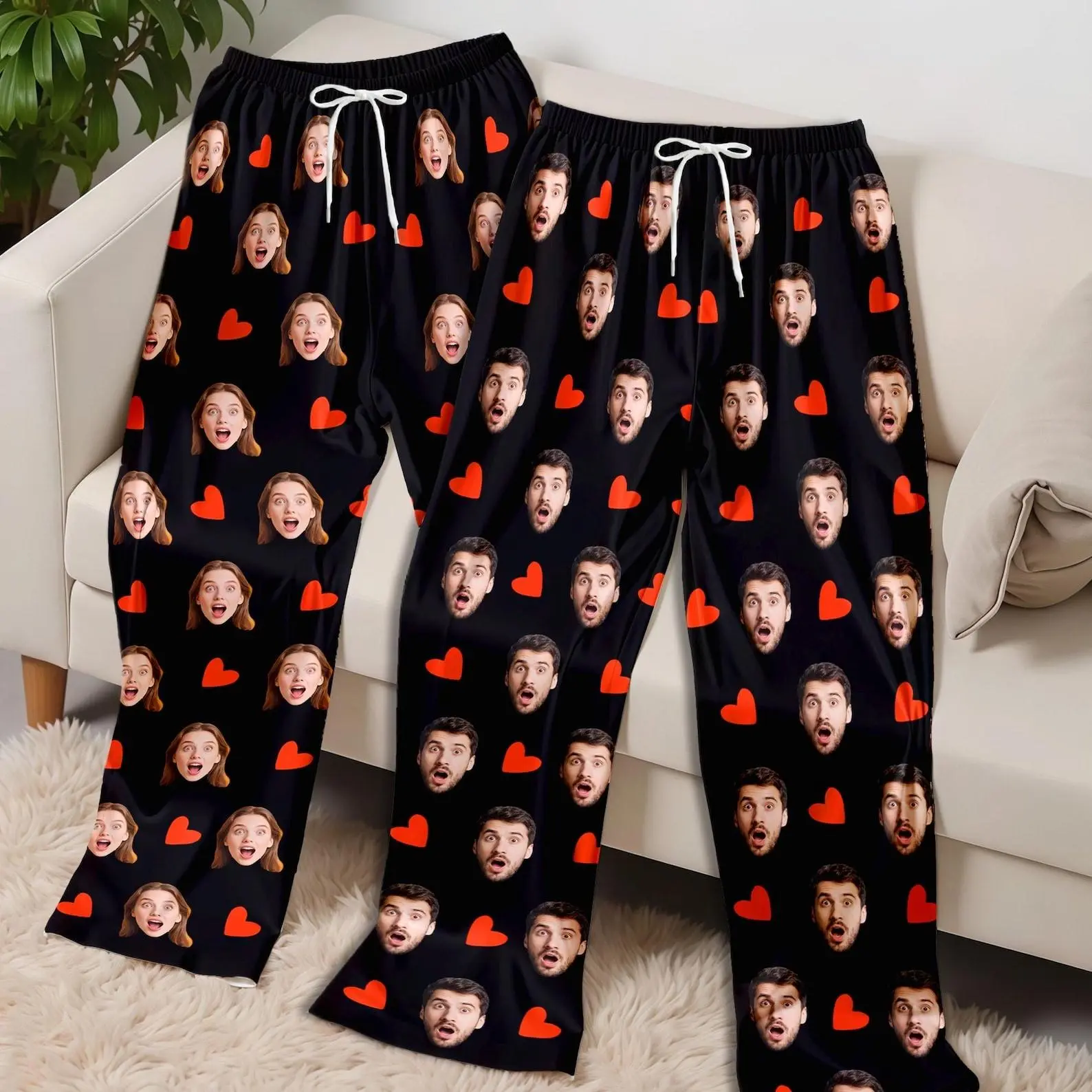 Personalized Photo Pajama Pants, Custom Face Lounge Pants, Funny Couple Sleepwear, Red Heart Print Pajamas, Matching Gift for Boyfriend Girlfriend, Unisex