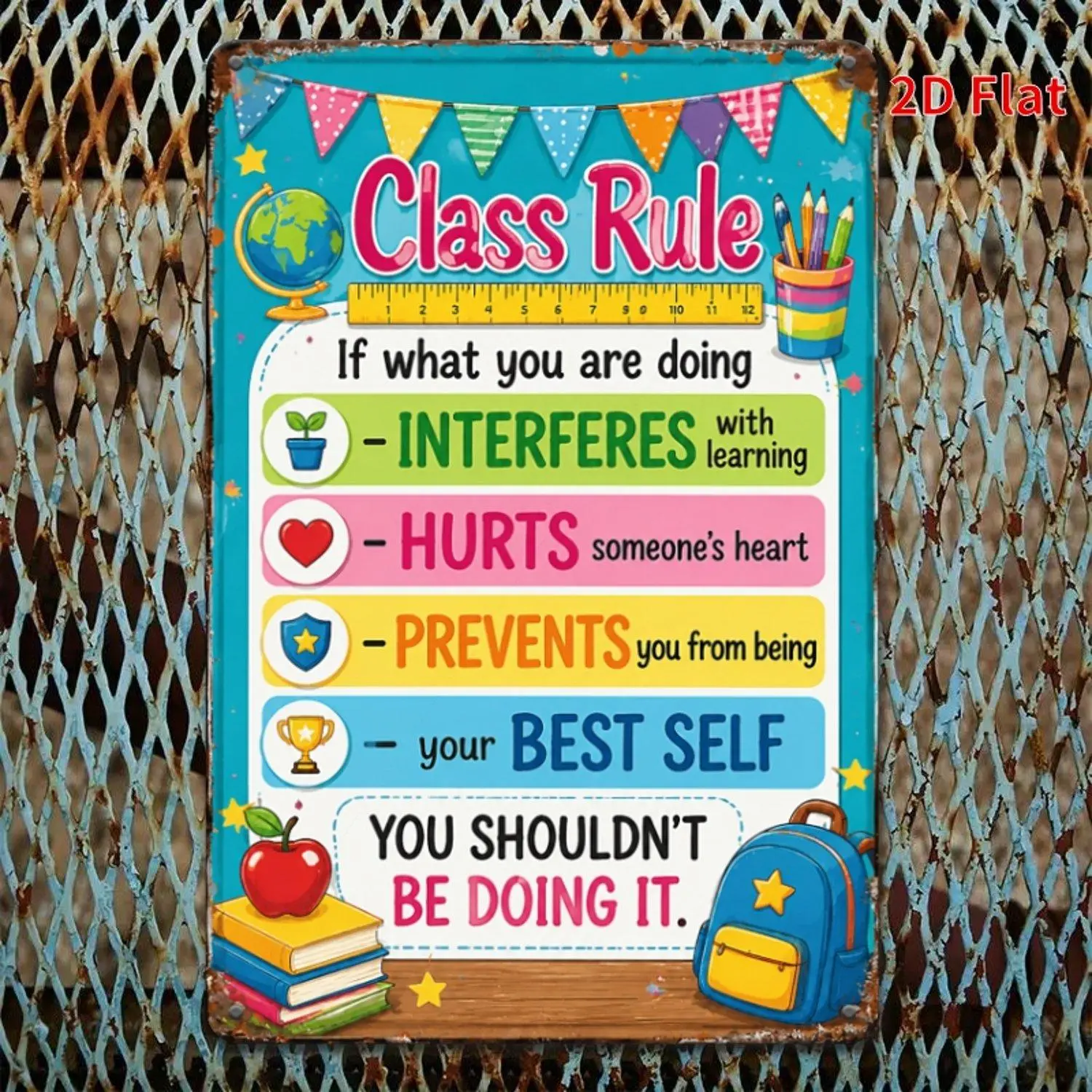 2D Flat - Decorative Sign 2D Flat - Class Rules Tin Sign, If It Interferes with Learning Decorative Signs, Colorful Classroom Metal Wall Art for Teachers Kids School Home