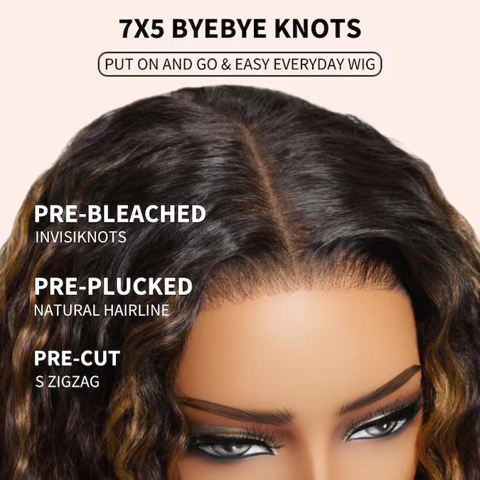 Unice  Water Wave Wig Black with Golden Brown Highlights Bye Bye Knots Pre-cut 7x5 HD Lace Closure Human Hair Wigs Natural Scalp Ready to Wear Beginners Friendly