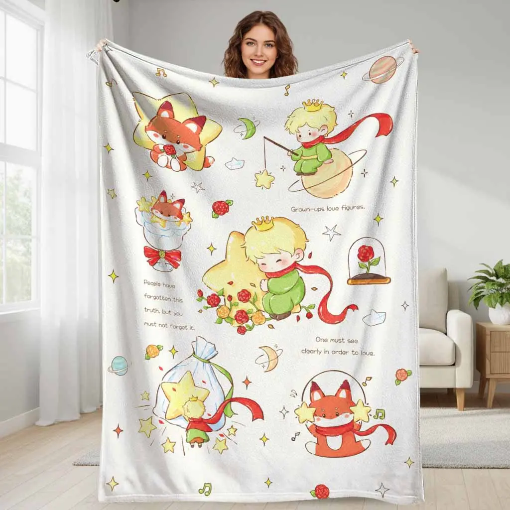 Little Prince Flannel Fabric Blanket - Fading-Proof, Multi-Size Throw with Whimsical Fox & Roses Artistic Pattern, Soft Lightweight Cozy Warm for Bed, Sofa, Room Decor, Birthday Gift