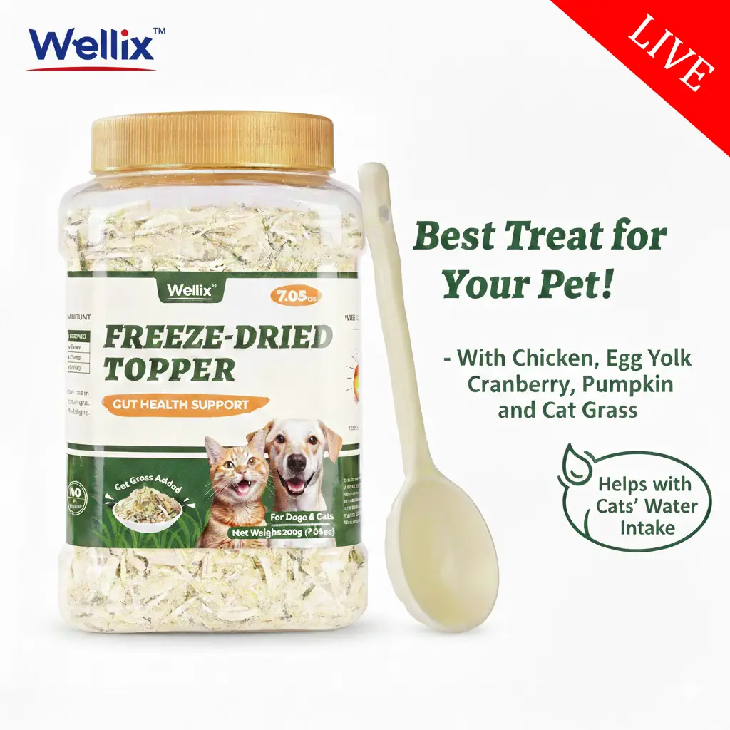 【Live Big Deal 】Wellix Dog&Cat Food Topper - Cat Grass Treats for Haiball Treament - Chicken Flavor Freeze Dried Cat Treats - Low Calorie Training Treats for Dogs&Cat 7.5oz
