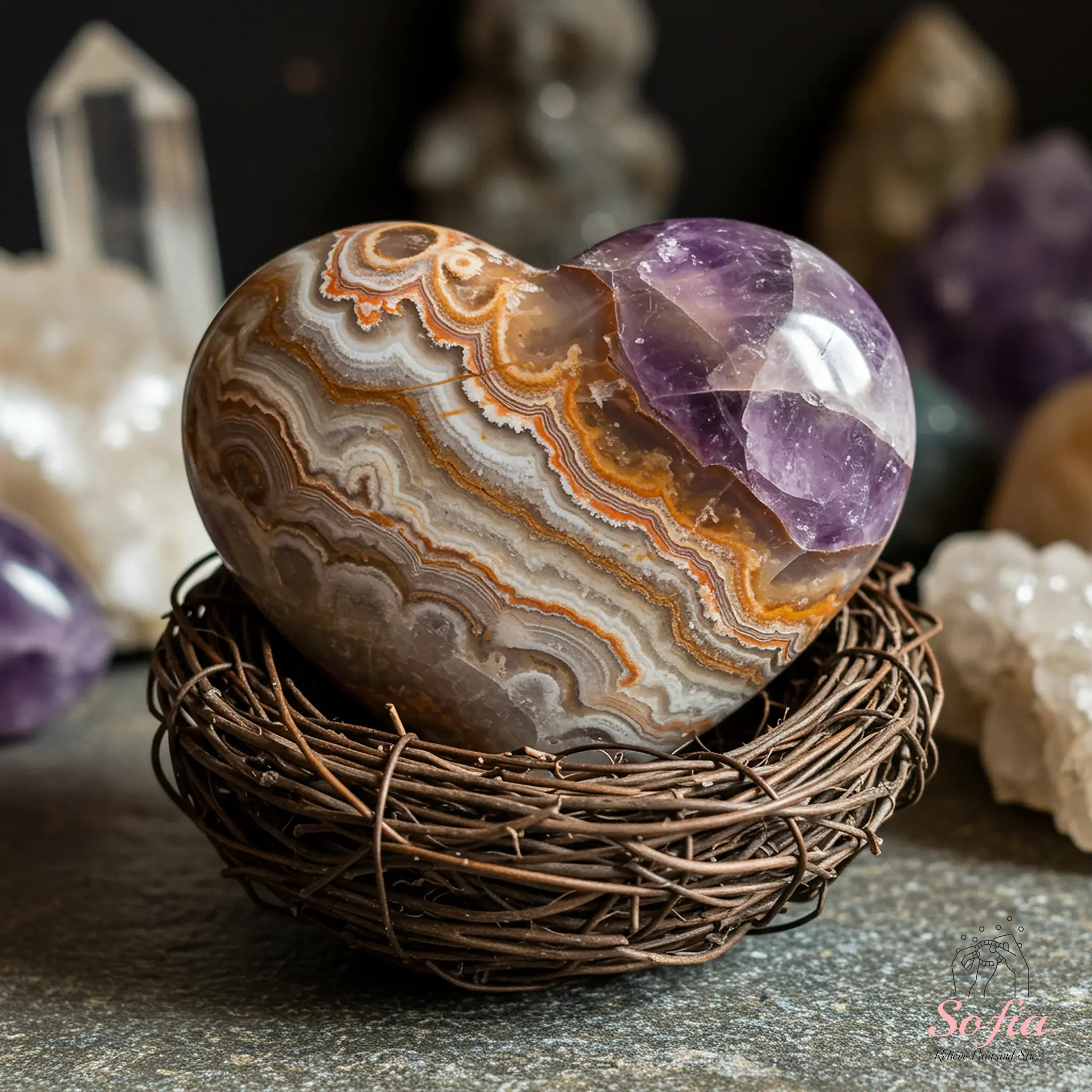 Polished Amethyst Lace Agate Crystal Hearts - Natural Gemstone Specimen, Worry Stone, Desk Decoration for Crystal Collections (Jewelry Accessories & Derivatives), Gemstone Specimen Natural Crystal Decorations