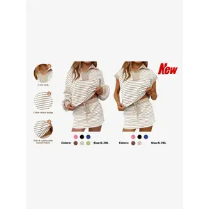 Striped 2 Piece Outfits Casual Sweatshirt Skirt Set Long Sleeve Skort Workout Set Matching Lounge Sets Women's Matching Sets Women # Springtok # TikTokShopHolidayHaul # TikTokShopJumpstartSale Fabrics Elastic two piece set Elegance Shorts