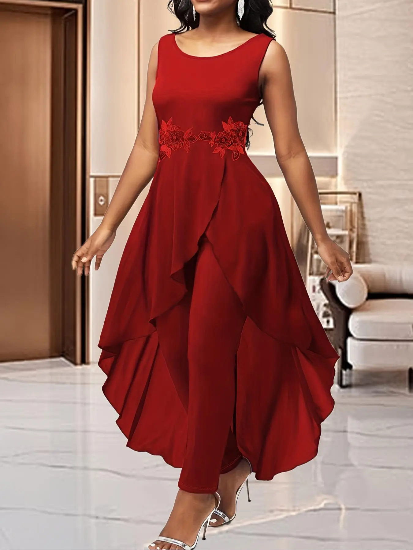 Women's 2 in 1 Contrast Lace Asymmetrical Hem Round Neck Tank Jumpsuit, Elegant Backless Zipper Back Wrap Sleeveless A Line Jumpsuit for Party Club Dating Wear, Ladies Clothes for All Seasons, Casual Jumpsuit, Summer Jumpsuit, Womenswear