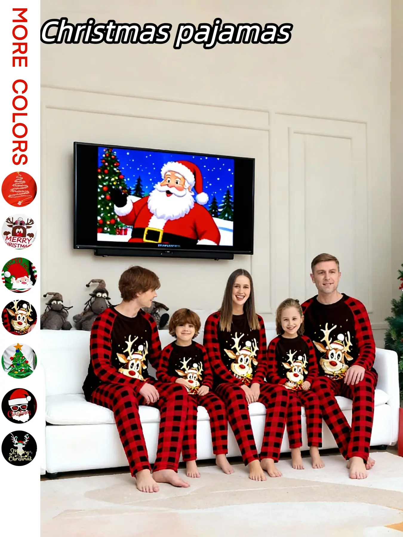 Family Christmas Pajama Set, 2-Piece Matching, Reindeer Print Top & Striped Pants, Casual Fitted Sleepwear for All Seasons