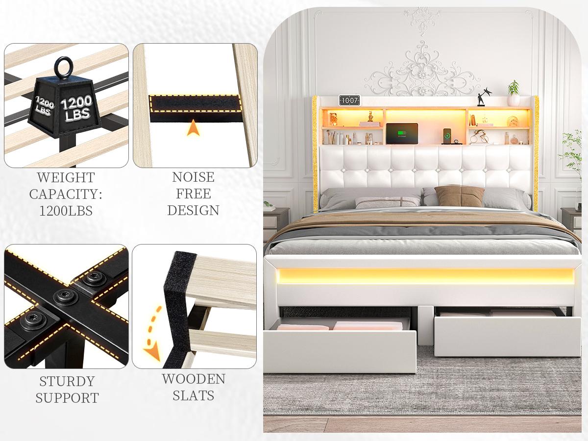SIBEDS Queen Upholstered Bed Frame with LED Bookcase Headboard, Drawers, Charging Ports, and Tufted Wingback Design for Bedroom,White/Black/Cream/Gray