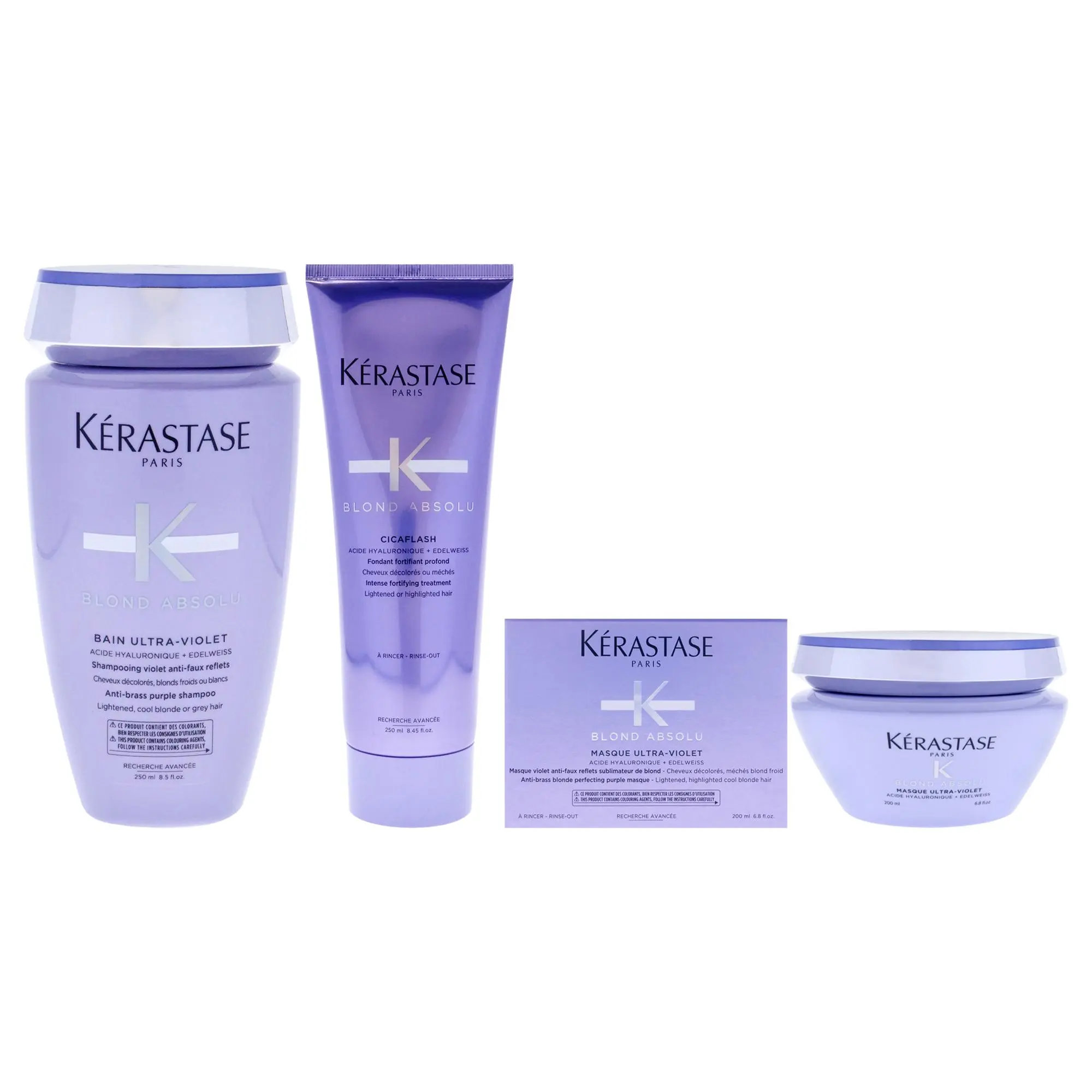 KERASTASE Blond Absolu Unisex 3-Piece Haircare Kit - 8.5oz Ultra-Violet Shampoo Cleanser, 8.5oz Cicaflash Conditioner, 6.8oz Ultra-Violet Mask for Hair Vibrancy