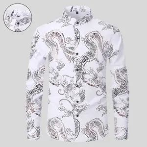 Men’s Chinese-style dragon-patterned printed long-sleeve stand-collar shirt