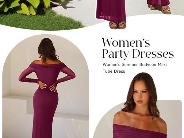 REORIA Women's Off Shoulder Long Sleeve Dress Elegant Sexy Stretch Mesh Double Lined Slim Trendy Long Dresses for Women