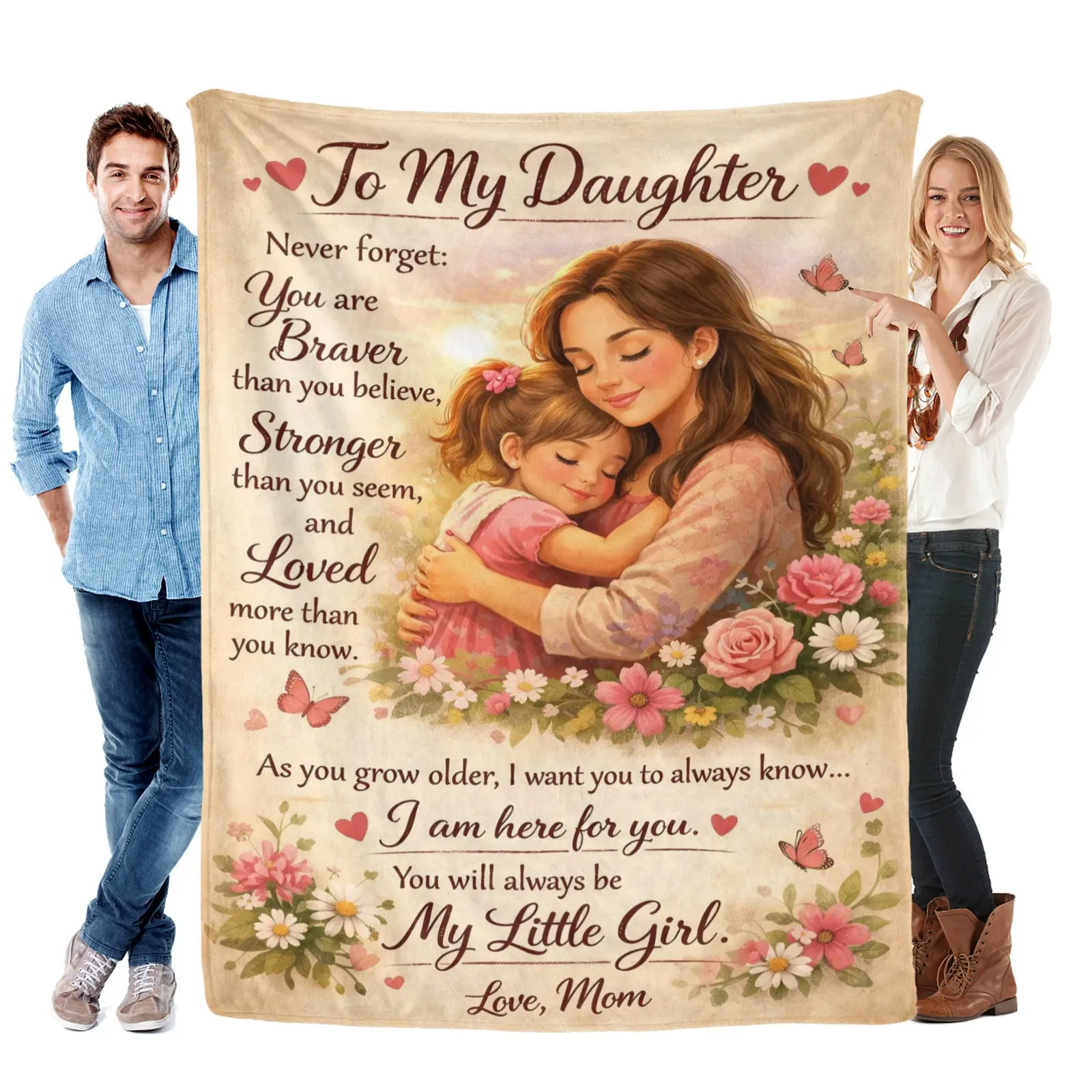 Inspirational Flannel Blanket for Daughter from Mom - Personalized, Floral Detail, Plush, Multi-Size Cozy Throw, Heart Design, Warm Bedroom Snuggle Bedding, Perfect Birthday & Graduation Gift, Personalized Blankets, Floral Detail Blankets