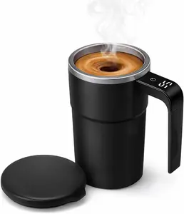 Portable Self-Mixing Automatic Mixing Cup, USB Rechargeable Magnetic Mixing Cup, Multifunctional Coffee Mixing Cup, Self Stirring Mug for Home Office Milk Cocoa with Lid 13oz (Black)