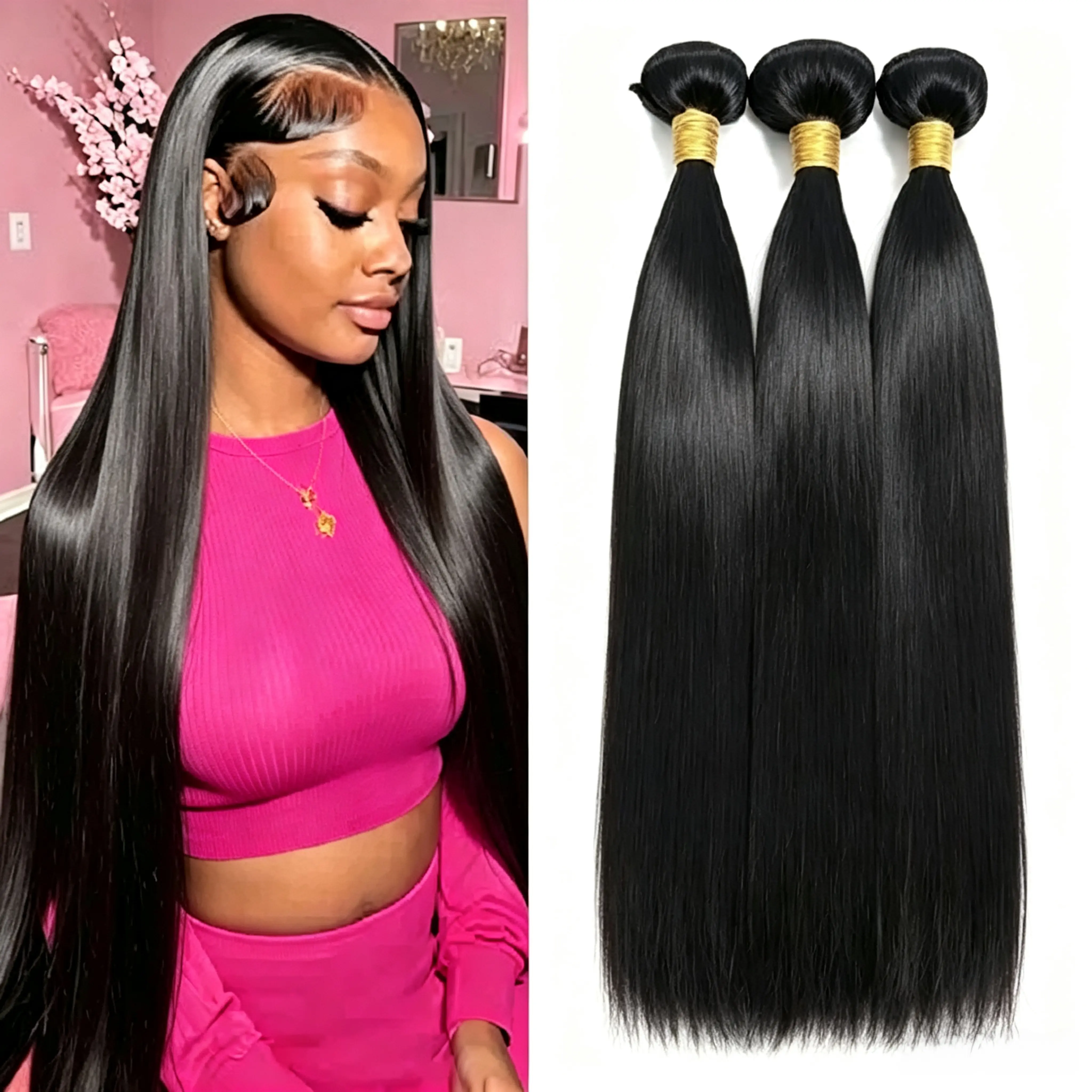 Virgin Brazilian Real Human Hair Bundles - 3 Styles (Straight, Bodywave, Deep Wave) - Natural Black Weft Human Hair Quick Weave Extensions