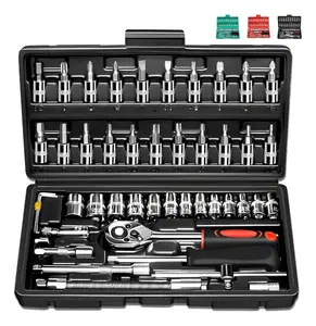 46pcs Car Repair Machinery Tools Set, Machinery Tools, Socket Wrench Diy Repair Tool Kit, Ratchet Screwdriver Compatible with Car Repair & Bicycle Repair, Hardware Toolbox Compatible with Auto Repairing & Household, St. Patrick's Day Gift for Husband