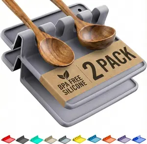 Cooler Kitchen Silicone Spoon Rest for Stove Top with Drip Pad (Two Pack) - Heat-Resistant, BPA-Free Utensil Rest & Spoon Holder