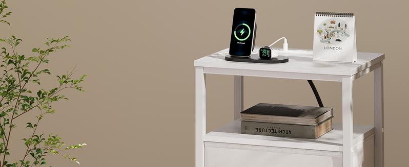 Nightstand with Charging Station and 2 Fabric Drawer, Bedside Table Furniture with USB Ports and Outlets