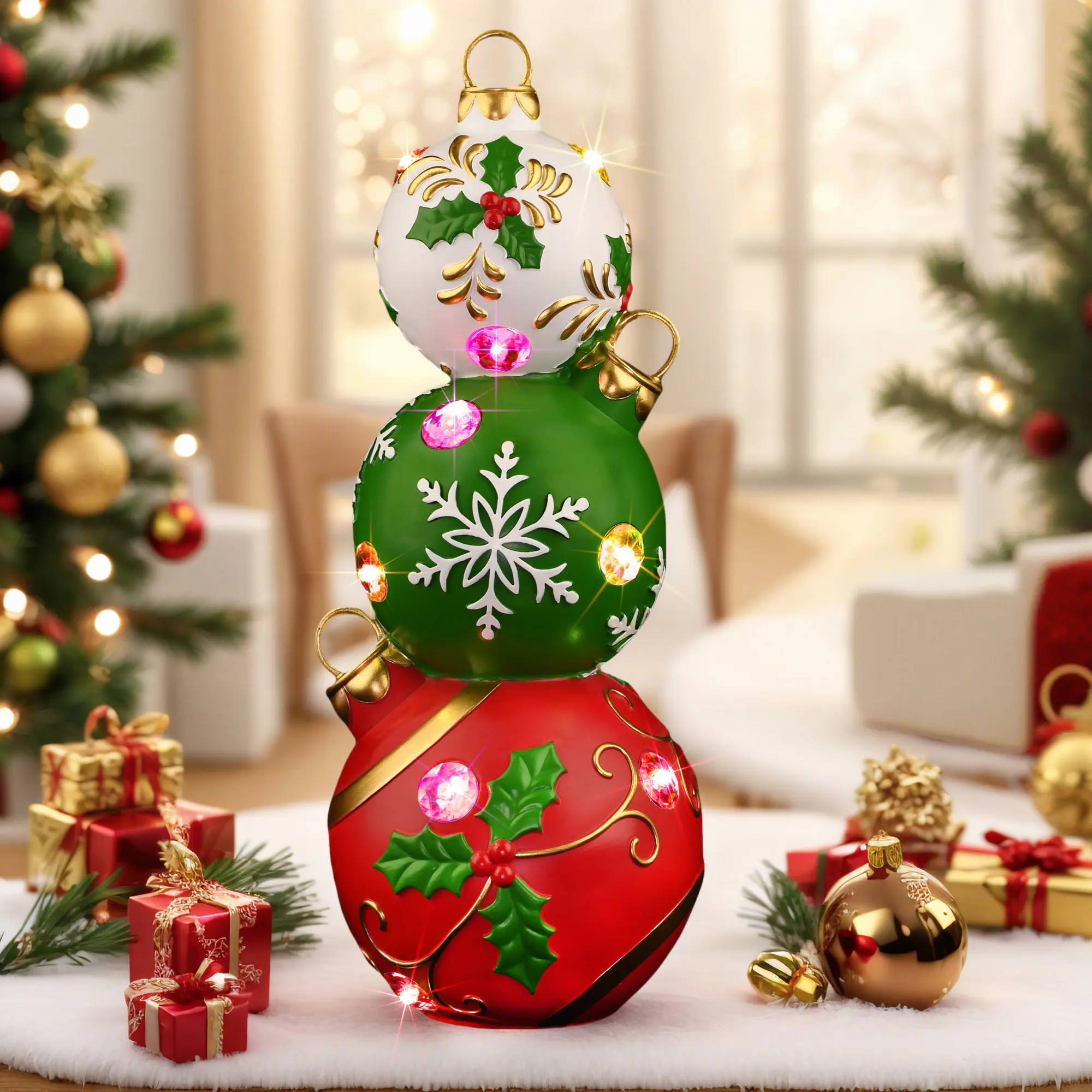 Christmas Tree Decoration Resin Ornament, Battery Powered Ornament, Christmas Decorations, Design, Snowflake & Berry Motif, Perfect Gift for Family Friends