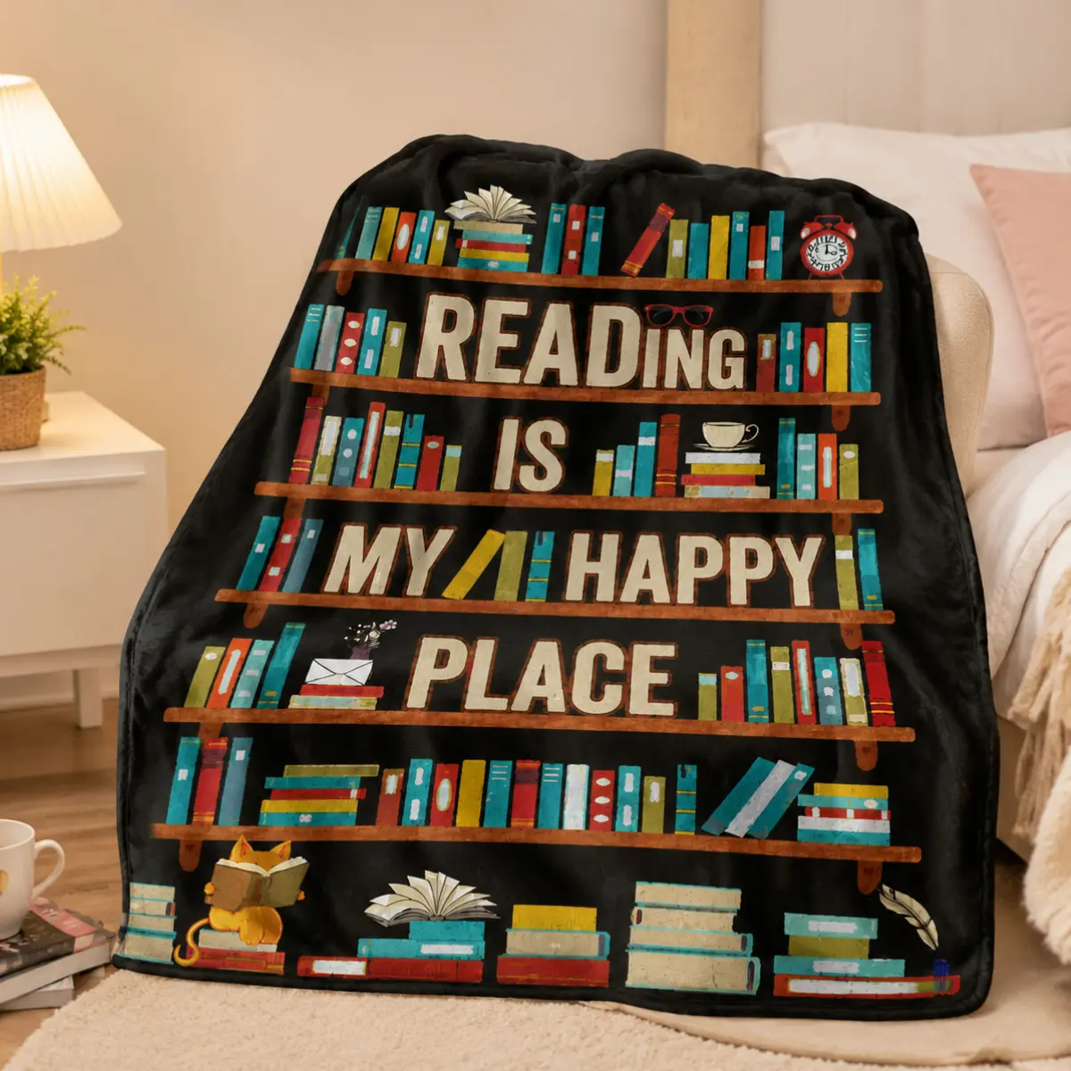 Reading Blanket for Book Lovers, Soft Flannel Throw Blanket with Book Shelf Print, Cozy Warm Blanket for Couch Sofa Bed Office, Gift for Readers & Bookworms