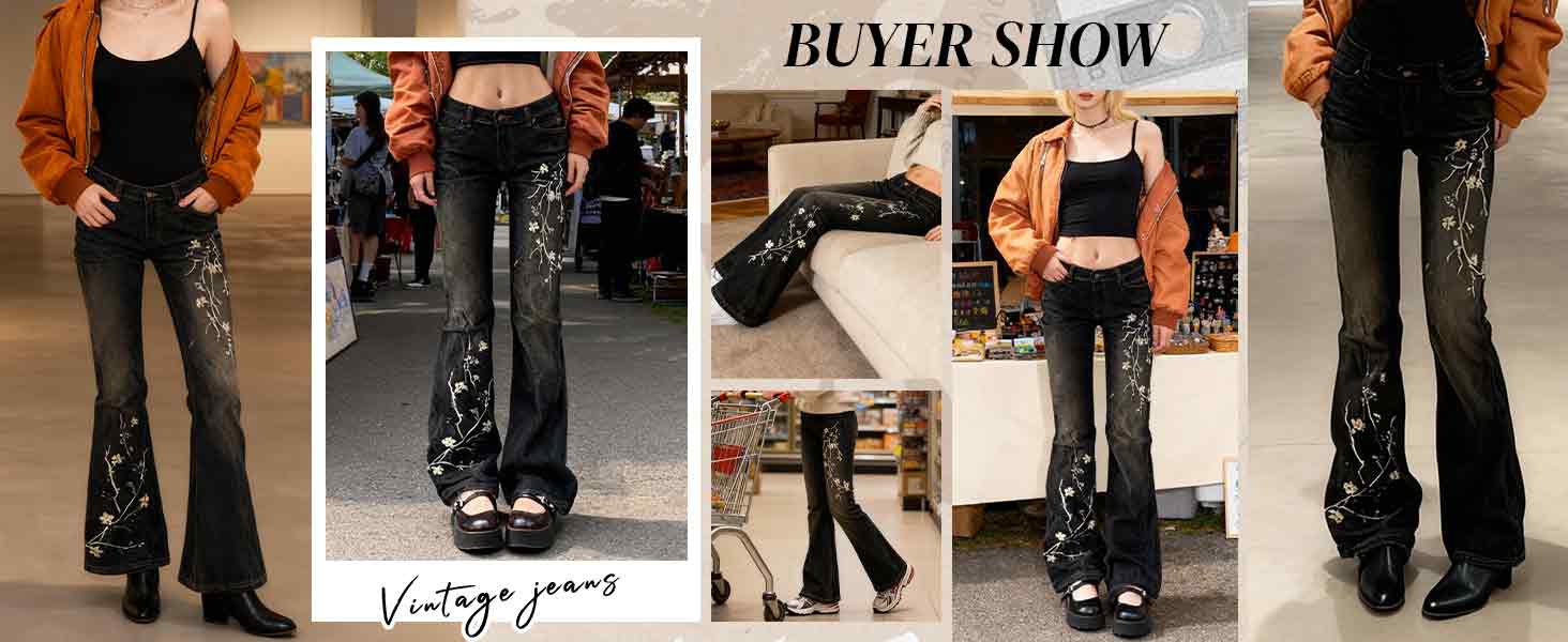 EMMIOL Women's Bell Bottom Jeans Stretchy Flare Mid Rise Embroidery Bell Bottom Vintage Denim Jeans 90s Outfits Y2k Clothes