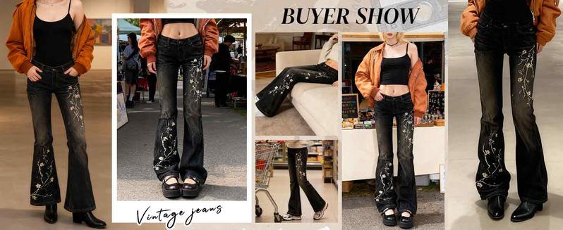 EMMIOL Women's Bell Bottom Jeans Stretchy Flare Mid Rise Embroidery Bell Bottom Vintage Denim Jeans 90s Outfits Y2k Clothes