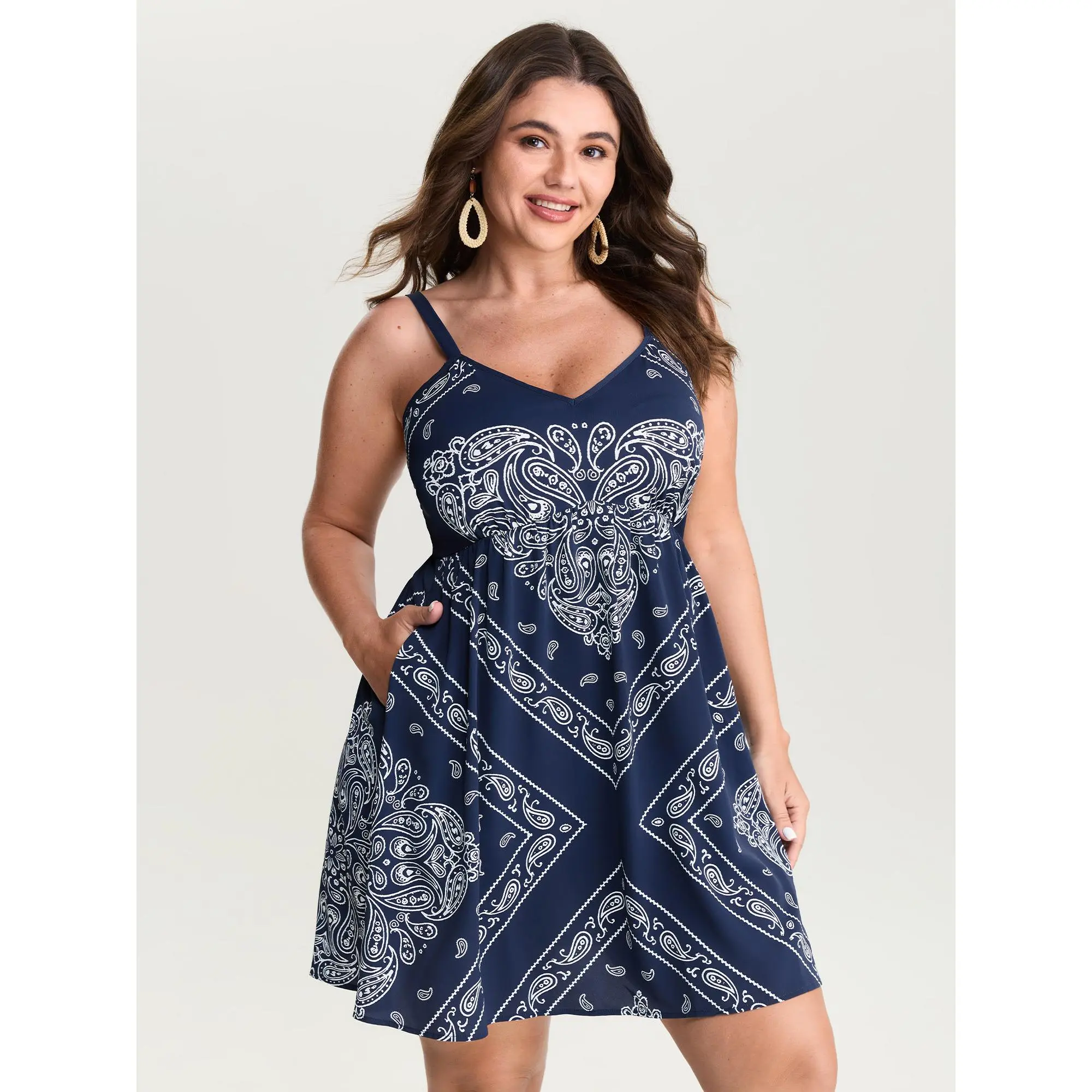 BLOOMCHIC Women's Plus Size Curvy V-Neck Sleeveless Bohemian Geometric Paisley Print Pull-On Short Mini Dress (M-6X) - Shirred Back, Side Pockets, Polyester, 2026 Summer Vacation Boho Outfit, Pull-On Fasten, Curvy Dresses Plus Size Fashion
