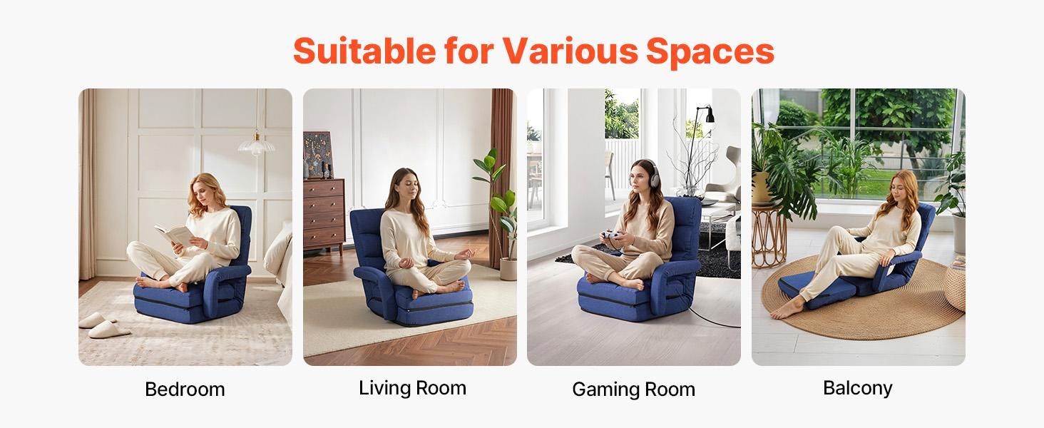 VEVOR Floor Chair, 5 Adjustable Positions Folding Floor Gaming Chair with Back Support, Armrests, and Cushion, Sturdy Metal Frame with Recycled Foam and Linen Fabric, for Reading, Relaxing, Dark Blue#BackToSchool VEVOR Floor Chair, 5 Adjustable Positions Folding Floor Gaming Chair with Back Support, Armrests, and Cushion, Sturdy Metal Frame with Recycled Foam and Linen Fabric, for Reading, Relaxing, Dark Blue#BackToSchool