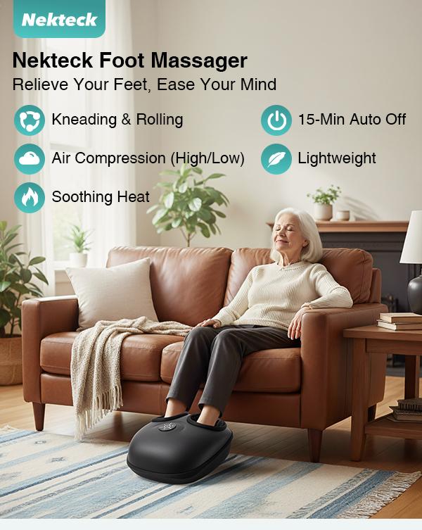 Nekteck Shiatsu Foot Massager Machine with Soothing Heat, Deep Kneading Therapy, Air Compression, Improve Blood Circulation and Foot Wellness Brown