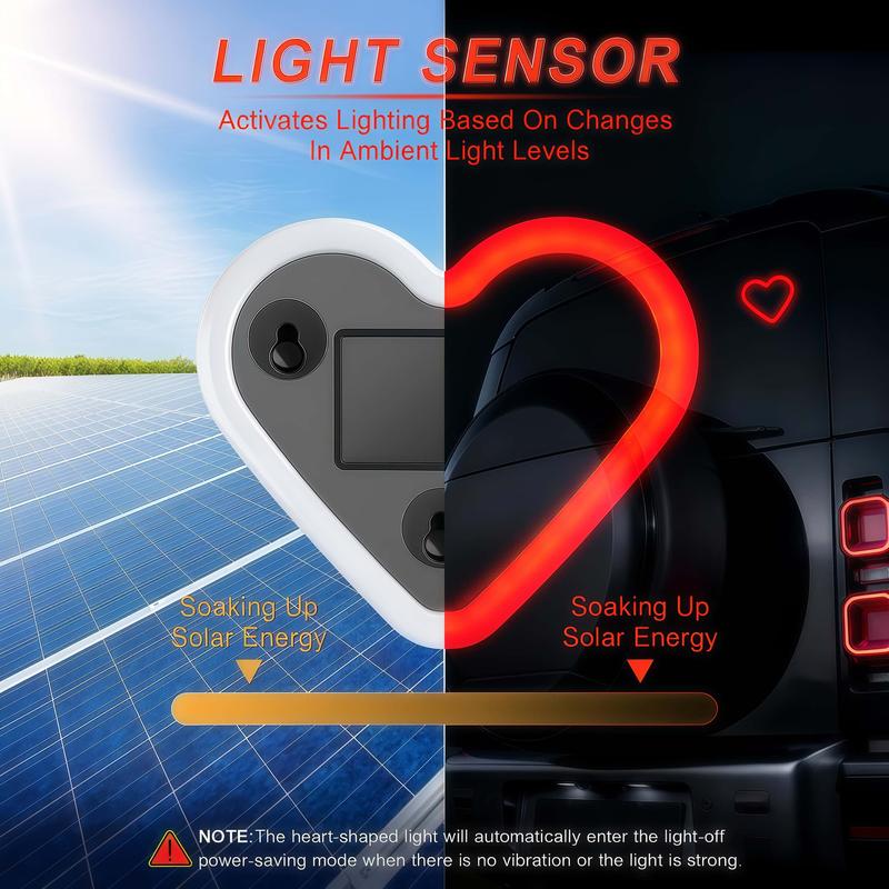 2PCS-Solar Powered Wireless LED Heart Shape C-Pillar Neon Light Eco-Friendly Modern Stylish Look for Car Interior Decor 9.57mm x 8.42mm x 15.36mm