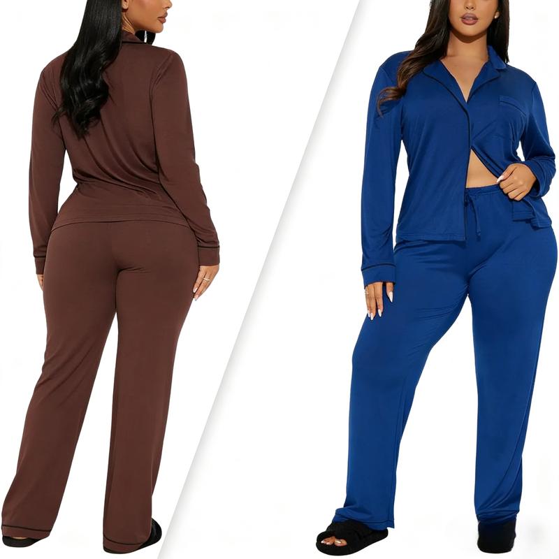 JointlyCreating Women's Pajama Set 2 Piece Satin Sleepwear Long Sleeve Button Down Top & Pant Classic OL Style Autumn Loungewear