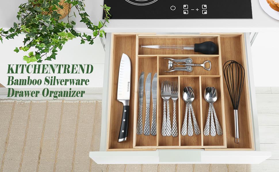 Jumbo Expandable Bamboo Rectangle Drawer Organizer - Adjustable 6-8 Slot Utensils Tray, Durable, Easy-Clean, Warm Bamboo Look, Cosmetic Holder, Box Organiser, Jewelry Storage, Bathroom & Kitchen Accessories
