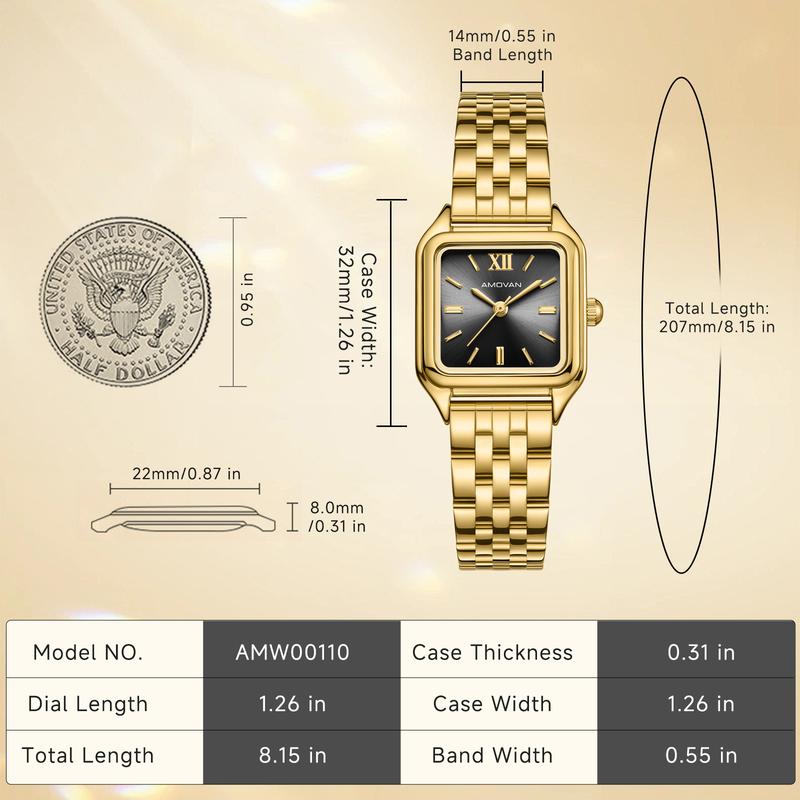 AMOVAN Gold Stainless Steel Bracelet Watch with Black Dial and Roman Numerals